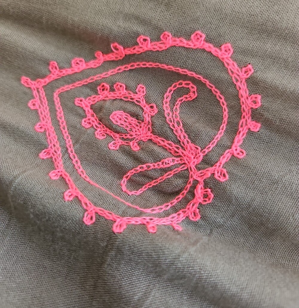 Boho Embroidered Taupe Peasant Top with Pink & Blue Trim and Beading - Picture 6 of 7